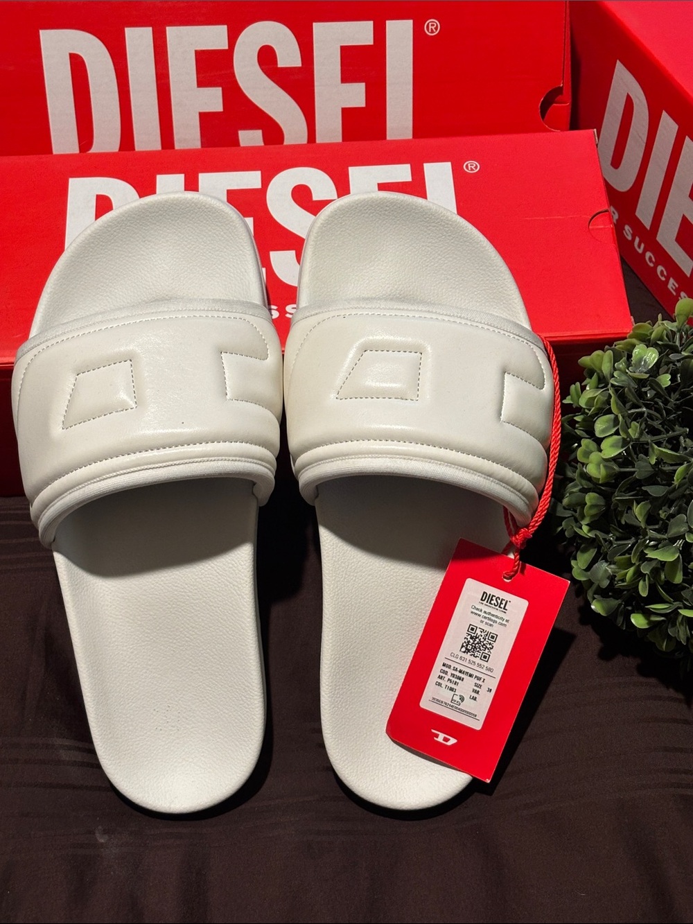 Diesel White Padded Logo Slide Sandals